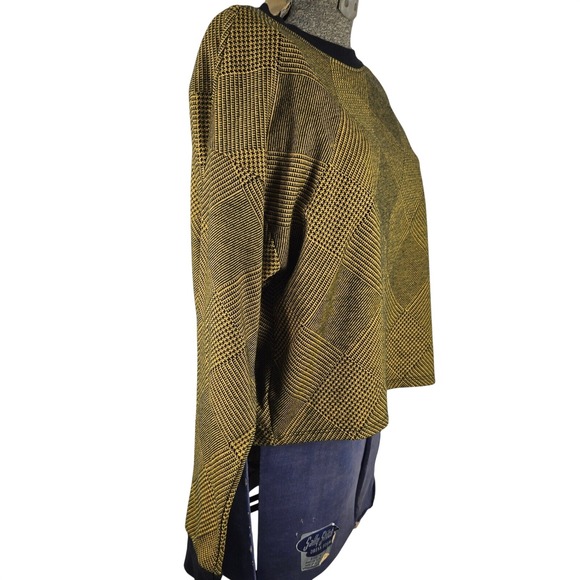 Forever 21 Sweater Women's Medium Mustard Yellow Black Plaid Cropped Knit Grunge - Picture 2 of 7